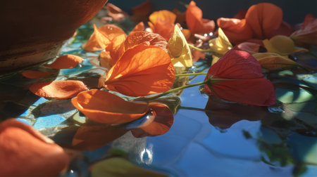 A close-up view of vibrant orange and yellow petals floating gently on a water surface, reflecting soft sunlight, creating a tranquil and serene atmosphere.の素材