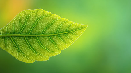 Captivating close-up of a fresh green leaf displaying intricate vein patterns against a soft blurred background, perfect for themes related to nature and sustainability.の素材