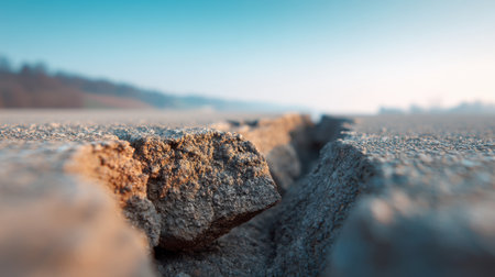 Close-up view of a cracked ground showcasing the effects of erosion and weathering, capturing the beauty of nature's transformation in a serene landscape.の素材