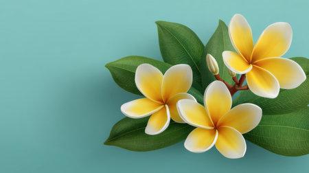 Beautiful plumeria flowers in bright yellow hues with lush green leaves create a serene and vibrant atmosphere against a turquoise backdrop, ideal for relaxation.の素材