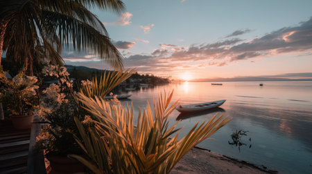 Experience the beauty of a tranquil sunset over calm waters, framed by lush tropical plants and silhouetted boats on the horizon in a stunning coastal paradise.の素材