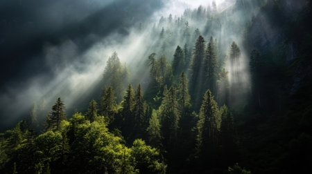 Discover a breathtaking forest scene where sunlight streams through misty trees, creating a serene atmosphere in a lush mountain landscape at dawn.の素材
