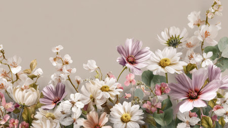 A captivating arrangement of soft pastel flowers on a neutral backdrop, showcasing delicate petals and lush greenery, perfect for adding a touch of nature's beauty.の素材