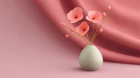 A beautiful pastel flower arrangement in a modern vase against a soft pink fabric backdrop, creating a serene atmosphere ideal for interior decor inspiration.の素材