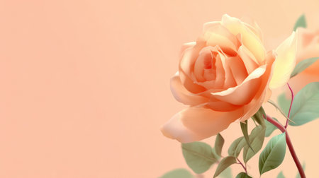 A single peach rose stands gracefully against a soft peach background, accompanied by lush green leaves, creating a serene and romantic atmosphere perfect for visuals.の素材