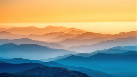 A breathtaking view of layered mountains under a serene orange and blue sky at sunrise, showcasing the beauty of nature and inviting tranquility and reflection.の素材
