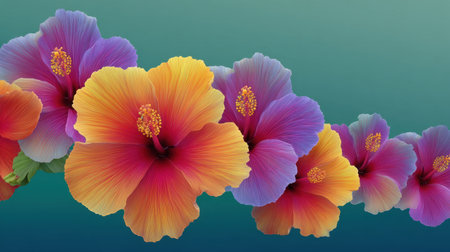 Explore a stunning display of vibrant hibiscus flowers set against a beautiful gradient background. Perfect for nature lovers and floral design enthusiasts.の素材