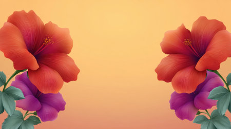 This stunning floral design showcases vibrant orange and purple flowers against a warm gradient backdrop, ideal for themes of celebration, beauty, and nature.の素材