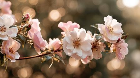 Captivating image of delicate pink and white roses blooming in a sunlit garden, featuring a soft bokeh background that adds a serene and romantic touch.の素材