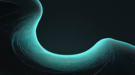 This image features a striking abstract wave pattern with smooth curves in a dark background. The light blue lines create a futuristic and ethereal atmosphere perfect for digital design projects.の素材