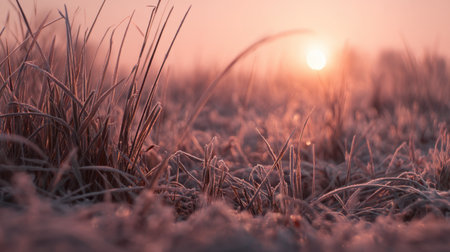A mesmerizing scene of frosted grass at sunrise, showcasing the calm and beauty of a winter morning, wrapped in soft pastel hues and peaceful ambiance.の素材