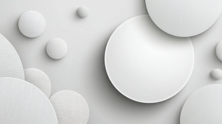 This image features an elegant arrangement of white textured circles and spheres set against a minimalist gray backdrop, embodying contemporary design principles.の素材