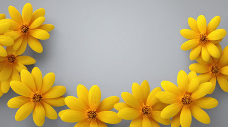 This image showcases bright yellow flowers artistically arranged in a circular pattern on a soft gray background, emphasizing beauty, freshness, and cheerful vibes.の素材