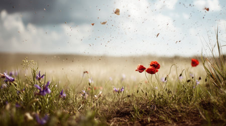 A stunning scene featuring vibrant red poppies and colorful wildflowers swaying in a grassy field under a dramatic sky, illuminated by soft sunlight.の素材