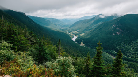 Discover a breathtaking mountain landscape showcasing a lush green valley, misty hills, and dramatic clouds, highlighting the beauty of untouched nature. Perfect for outdoor enthusiasts!の素材