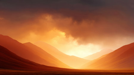 Experience the captivating beauty of a serene sunrise over majestic mountain valleys. The dramatic clouds and warm hues create an inspiring atmosphere in nature.の素材