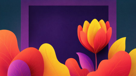 Discover a vibrant abstract floral design featuring a bold flower and colorful leaves against a dark purple background, perfect for creative projects and decor.の素材