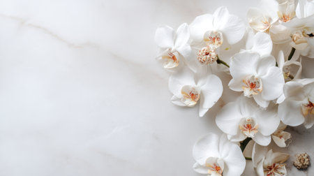 A stunning display of white orchid flowers elegantly arranged on a smooth marble surface, ideal for showcasing beauty, sophistication, and freshness in various design themes.の素材