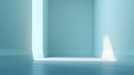 A serene and minimal interior space featuring soft blue walls, highlighting a bright corner where natural light streams in, promoting relaxation and creativity.の素材