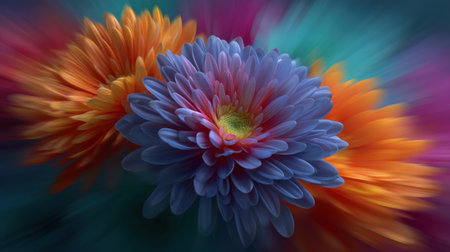 This stunning close-up showcases vibrant chrysanthemum flowers in blue and orange hues, set against an abstract swirling background, evoking a sense of tranquility and beauty.の素材