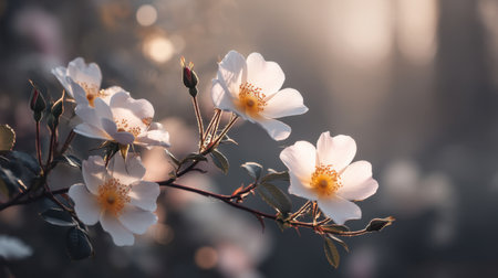 A stunning closeup of delicate white flowers with golden centers illuminated by soft morning light, creating a serene atmosphere perfect for nature lovers and art enthusiasts.の素材
