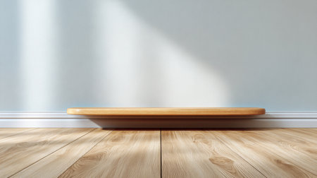 A sleek wooden shelf rests against a minimalist wall, bathed in natural light, enhancing a tranquil ambiance perfect for home decor ideas and modern interiors.の素材