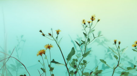 A serene arrangement of yellow wildflowers reaches towards a soft sunrise glow, creating a calming atmosphere against tranquil blue tones and gentle light.の素材