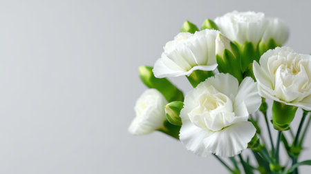 A stunning arrangement of white carnations showcases their delicate petals against a soft, light background, perfect for adding elegance and charm to any space.の素材
