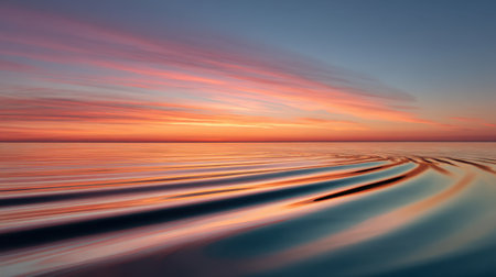 A breathtaking sunset scene features gentle waves on a calm sea, reflecting a stunning blend of colors. The soft hues create a serene and dreamy ambiance in nature.の素材