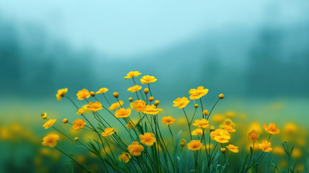 A stunning display of bright yellow wildflowers swaying gently in a misty meadow, conveying a sense of tranquility and natural beauty in a serene outdoor environment.の素材