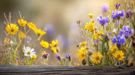 A picturesque arrangement of yellow and purple wildflowers against a blurred background, complemented by a rustic wooden fence, evoking tranquil and serene outdoor beauty.の素材