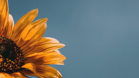 A stunning close-up of a sunflower petal against a soft blue background, capturing the vibrant colors of nature and evoking feelings of warmth and happiness.の素材