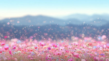 Experience a vibrant field of blooming flowers under a clear sky, creating a serene atmosphere perfect for nature lovers and photographers seeking beauty in landscapes.の素材