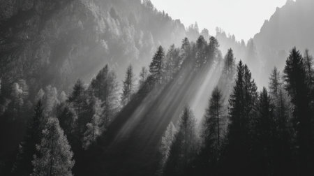 Discover a breathtaking black and white landscape where sunlight filters through towering pine trees, creating magical rays and serene shadows in a mountain valley.の素材