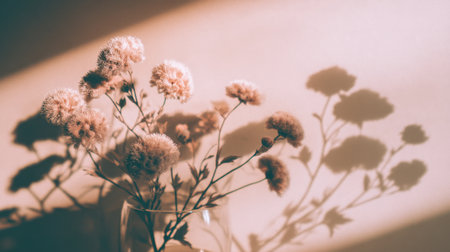 A beautiful arrangement of soft pink flowers in a vase with delicate shadows cast on a creamy background, creating a serene and aesthetically pleasing atmosphere for any setting.の素材