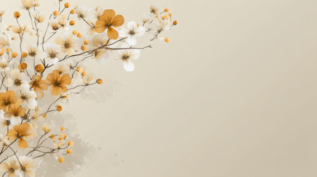 This beautiful illustration showcases a delicate arrangement of cream and golden flowers on a minimalist backdrop. Perfect for design, art, or nature-inspired projects.の素材