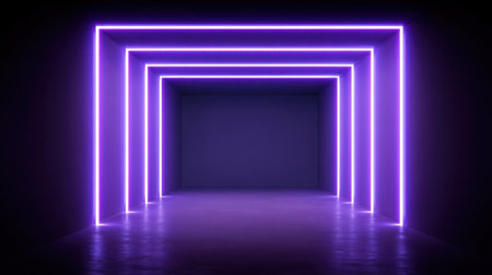 This image features a futuristic tunnel illuminated by vibrant purple neon lights, creating an abstract atmosphere. The reflective floor adds depth to the dark interior space.の素材