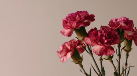 A stunning arrangement of vibrant pink carnations set against a soft neutral background, highlighting the delicate texture and rich colors, perfect for floral inspiration.の素材