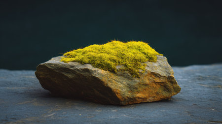 A captivating close-up image of a rock adorned with lush yellow-green moss. The vibrant texture and colors contrast beautifully against the dark background, enhancing nature's artistry.の素材