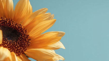 Stunning close-up of a vibrant sunflower displaying its bright yellow petals and intricate center, set against a soft blue background, capturing the essence of summer beauty.の素材