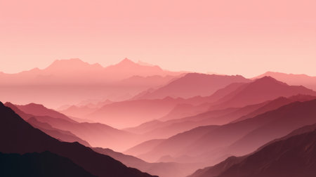 Experience a tranquil mountain landscape that showcases gentle slopes illustrated in soft pink and red tones against a serene sky at dawn.の素材