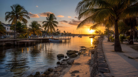 Breathtaking sunset views over a tranquil waterfront featuring silhouetted palm trees, calm waters, and a scenic coastal landscape ideal for relaxation and travel.の素材