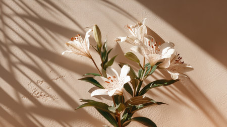 Discover the beauty of elegant white lilies with delicate leaves against a creamy beige backdrop, creating serene shadows and a minimalist aesthetic for any design project.の素材
