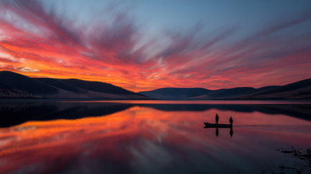 Stunning view of a tranquil lake at sunset, with glowing colors reflecting on the water and silhouettes of two figures in a rowboat, creating a serene atmosphere.の素材