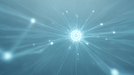 This abstract image features glowing light beams radiating from a central point against a soft blue background, capturing a sense of movement and energy flow.の素材