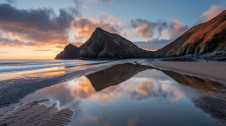 A stunning sunset landscape captures tranquil beauty at a beach, where vibrant colors reflect in calm water, against majestic mountains and soft clouds.の素材