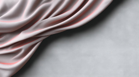 Soft pastel pink fabric gently draped over a smooth gray surface creates a serene and elegant visual. Ideal for various creative projects, this image exudes beauty and simplicity.の素材