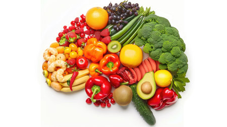 Artistic brain made from diverse fruits and vegetables on a white background, showcasing healthy eating.の素材