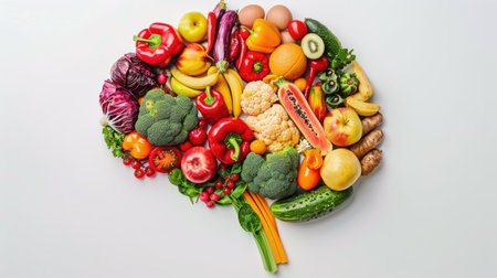 Brain representation crafted with fruits and vegetables, isolated on a white background, promoting healthy eating.の素材