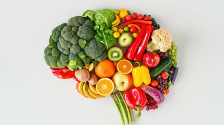 Artistic brain shape made with fruits and vegetables, isolated on a white background, promoting healthy habits.の素材